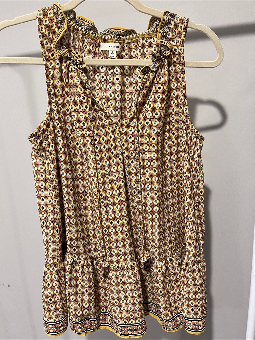 Max Studio Yellow Multi-Print Sleeveless Peplum Blouse